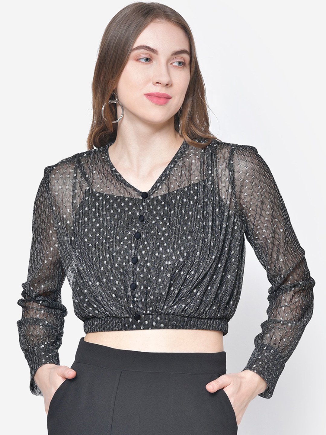 

Martini Women Black Self Design Blouson Crop Top