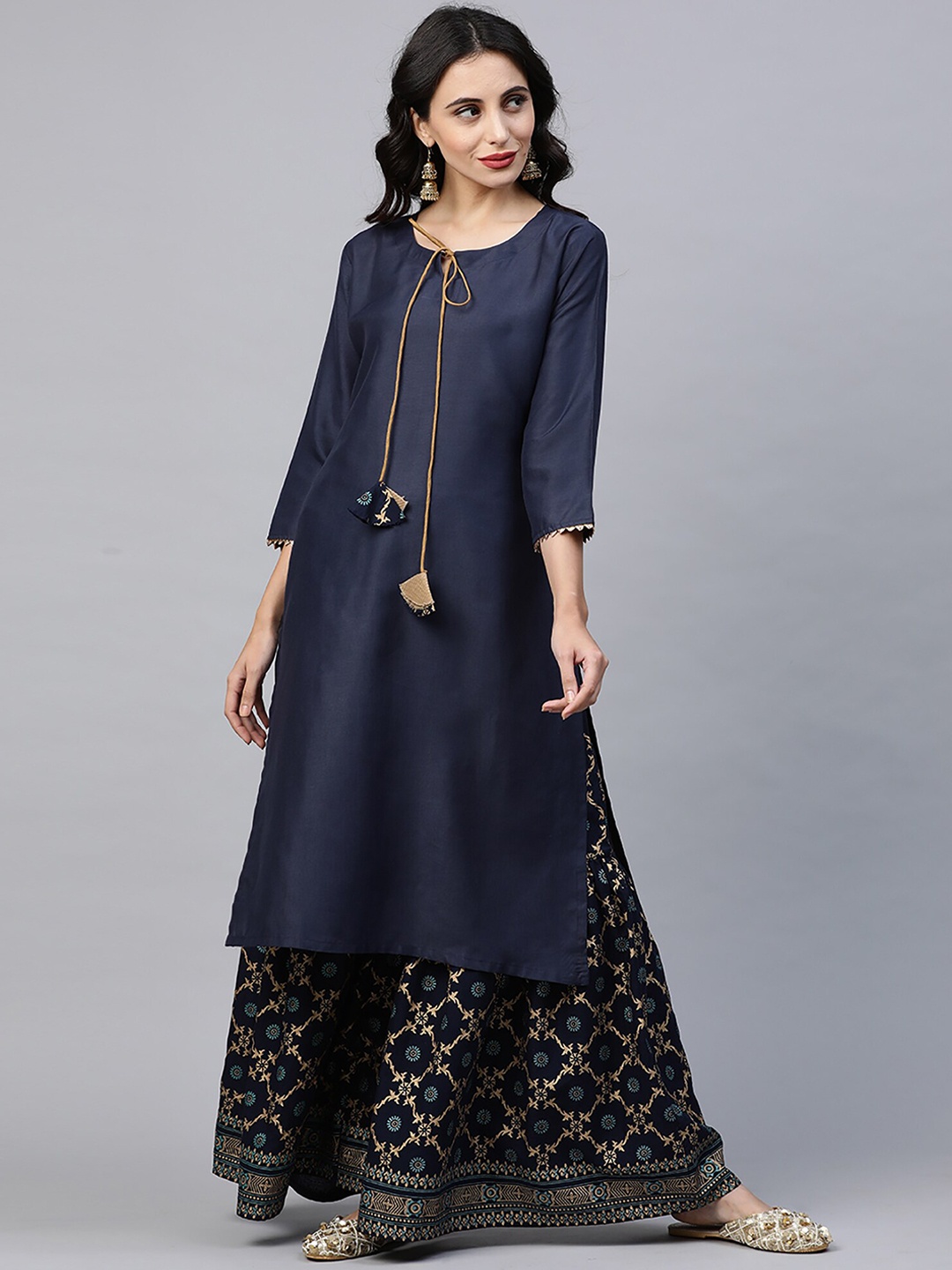 

Indo Era Women Navy Blue & Gold-Toned Solid Kurta with Sharara