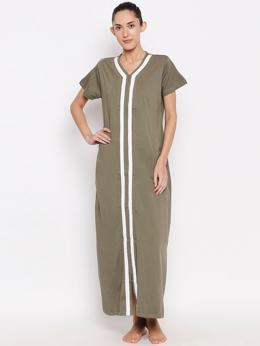 

XIN Women Green & White Solid Maxi Nightdress