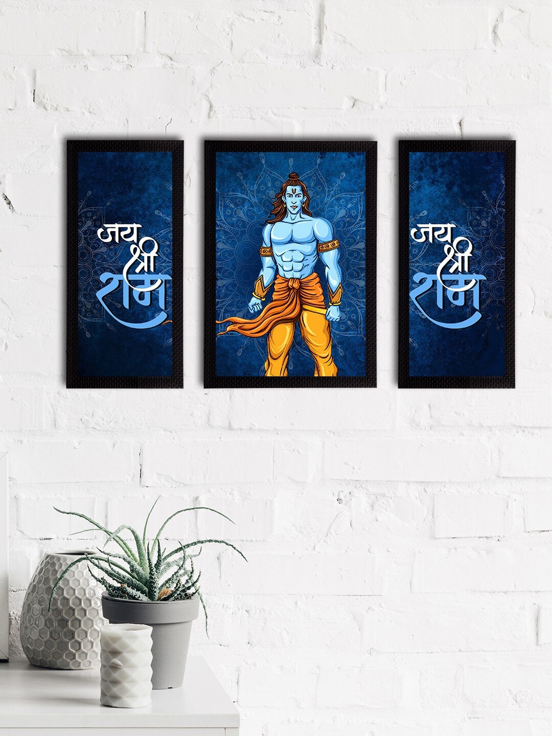 

eCraftIndia Set of 3 Blue & Yellow Lord Ram Satin Matt Textured UV Wall Paintings