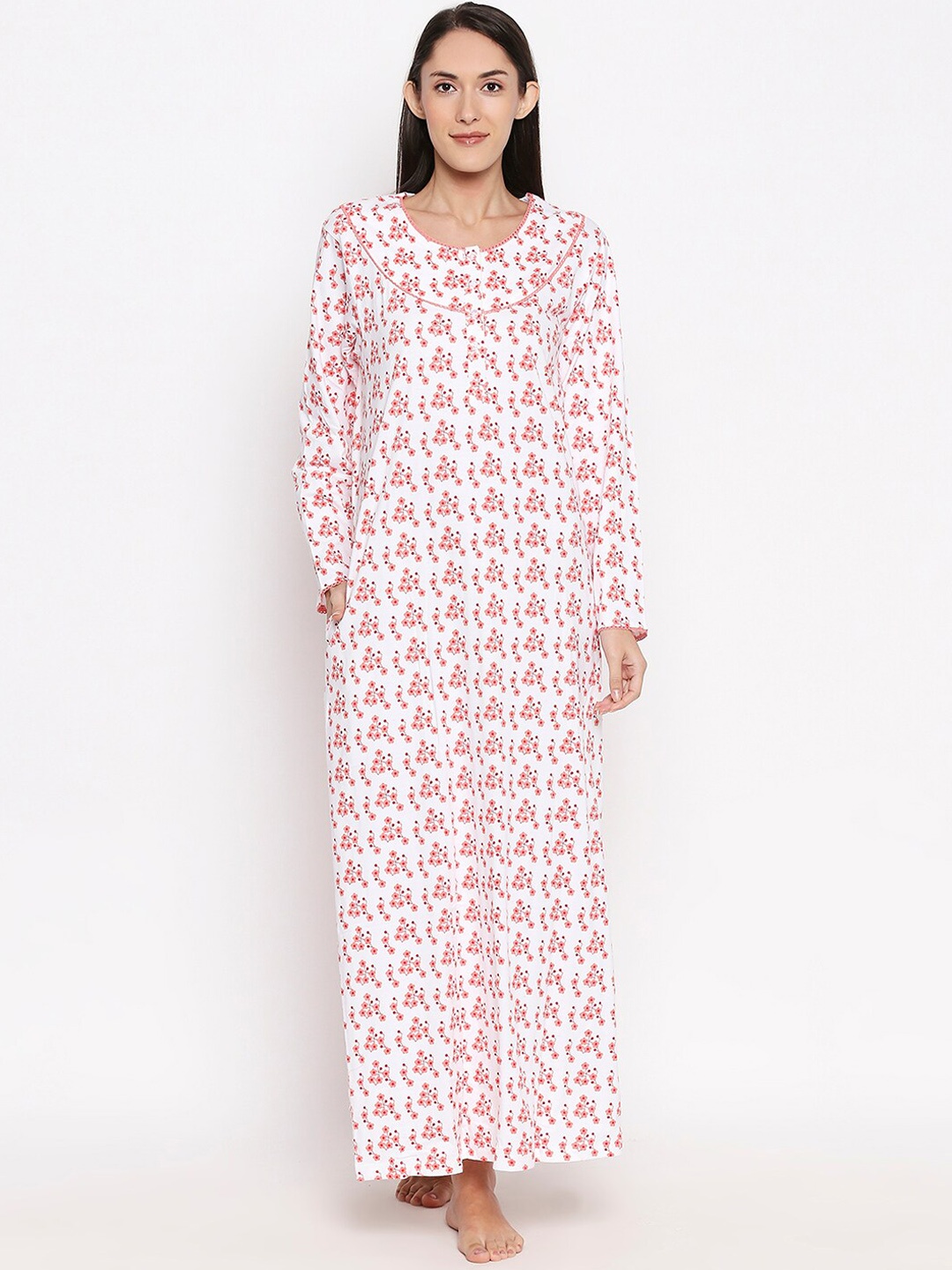

XIN Women White & Pink Floral-Print Nightdress