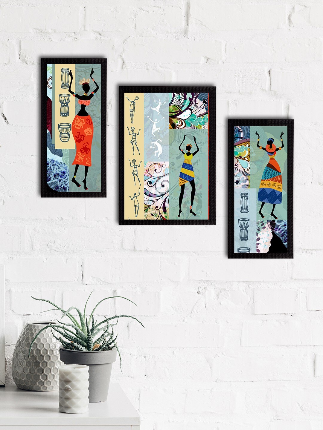 

eCraftIndia Set of 3 Green & Orange Tribal Theme Satin Matt Textured UV Wall Paintings