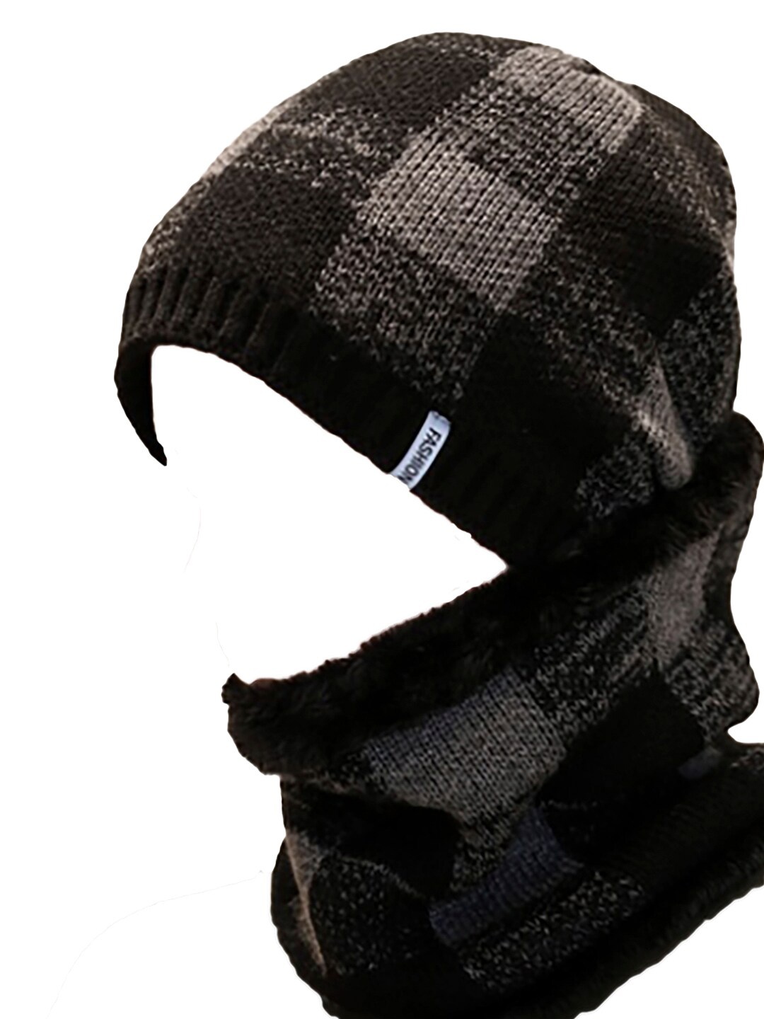 

Bunnywave Unisex Grey & Black Checked Beanie With Neck Warmer
