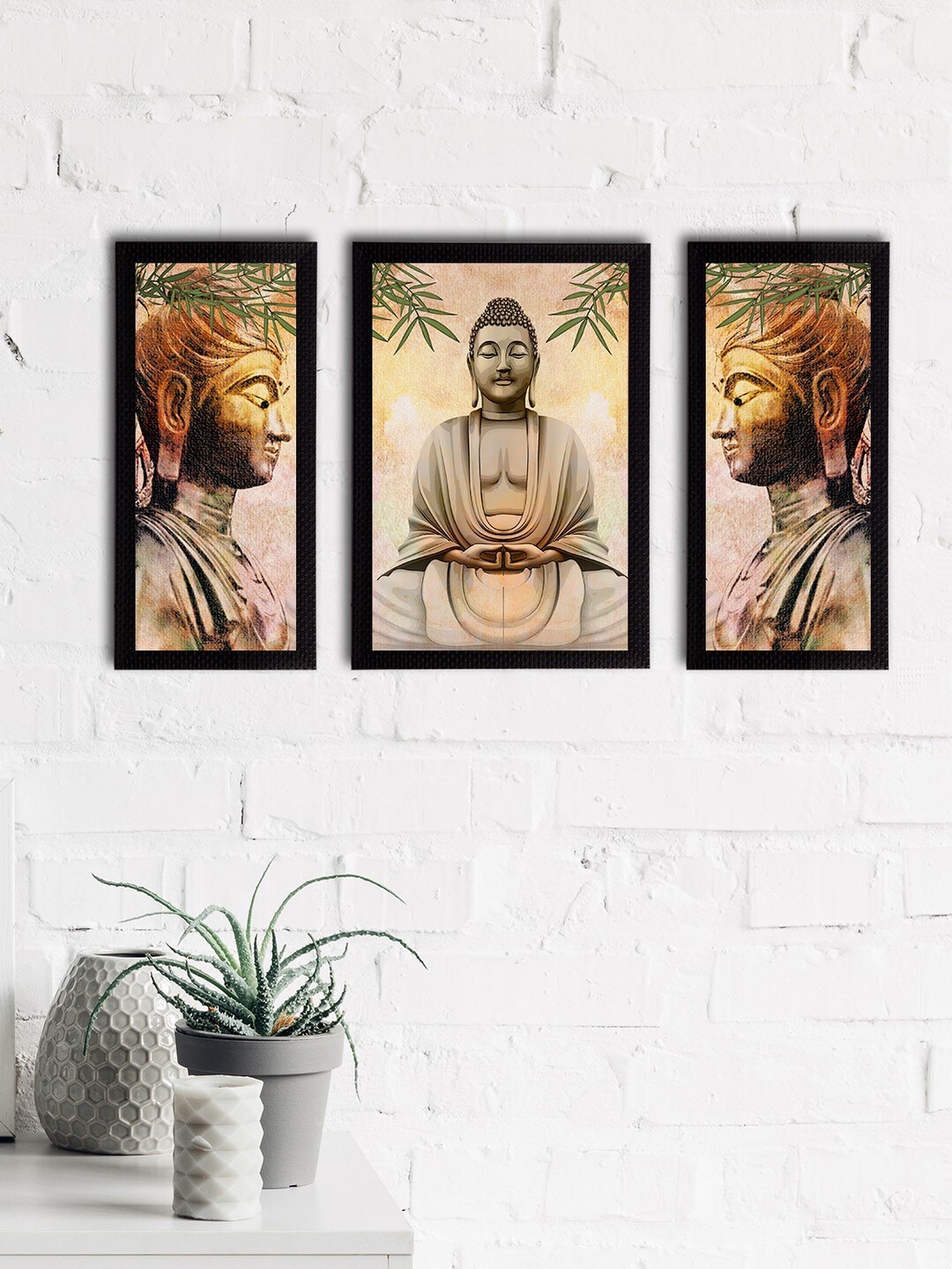 

eCraftIndia Set of 3 Beige & Gold-Toned Meditating Lord Buddha Satin Matt Textured UV Wall Paintings