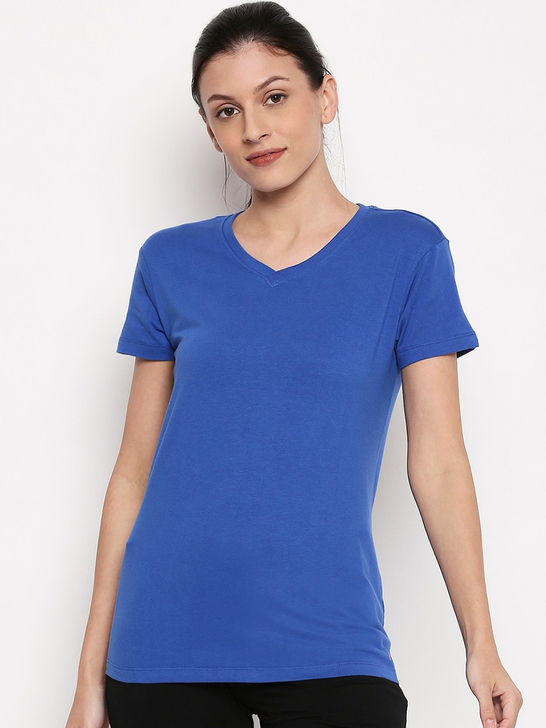 XIN Women Blue Solid V-Neck Lounge T-shirt