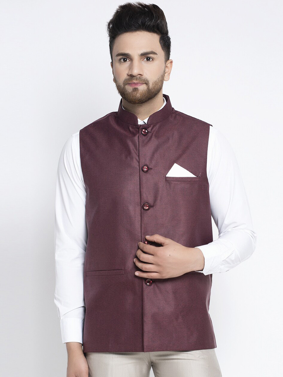 

Jompers Men Maroon Solid Woven Nehru Jacket