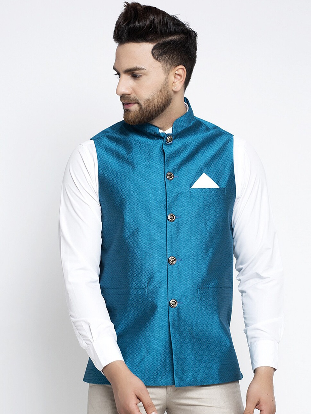 

Jompers Men Blue Woven Design Nehru Jacket