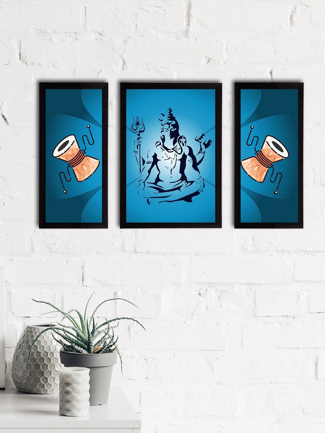 

eCraftIndia Set of 3 Blue & Black Lord Shiva Satin Matt Textured UV Art Painting