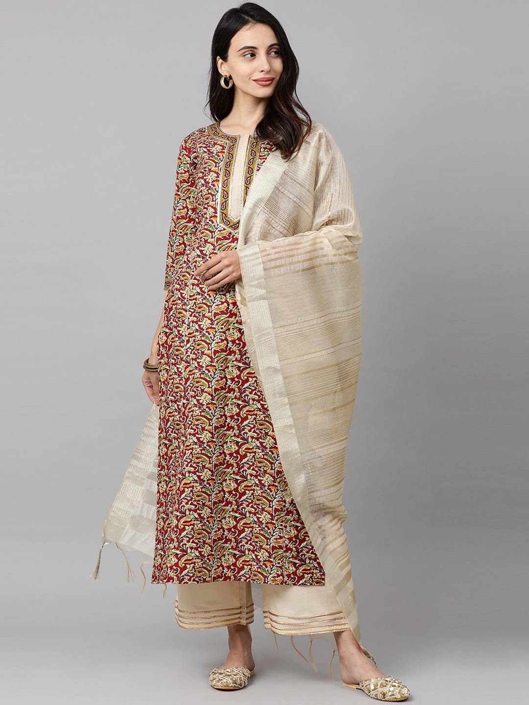 

Indo Era Women Maroon & Beige Printed Kurta with Palazzo & Dupatta