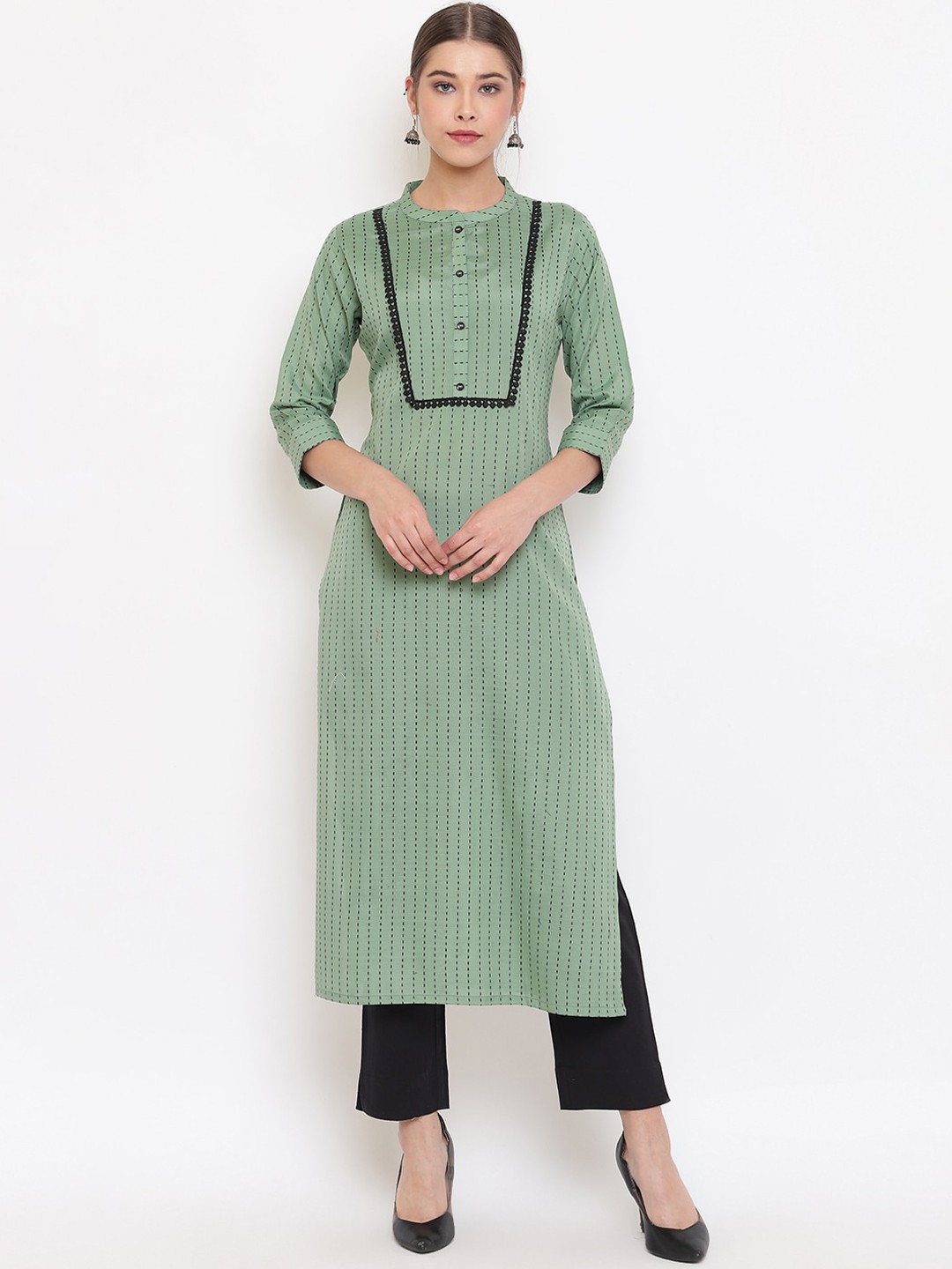 

Janasya Women Green & Black Striped Cotton Kurta with Trousers