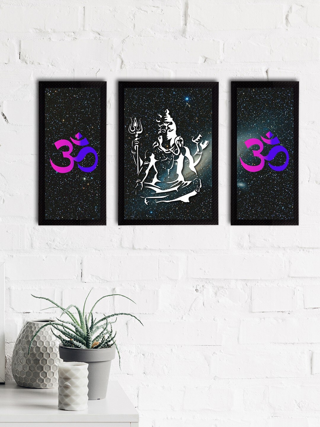 

eCraftIndia Set of 3 Black & White Lord Shiva Satin Matt Textured UV Wall Art