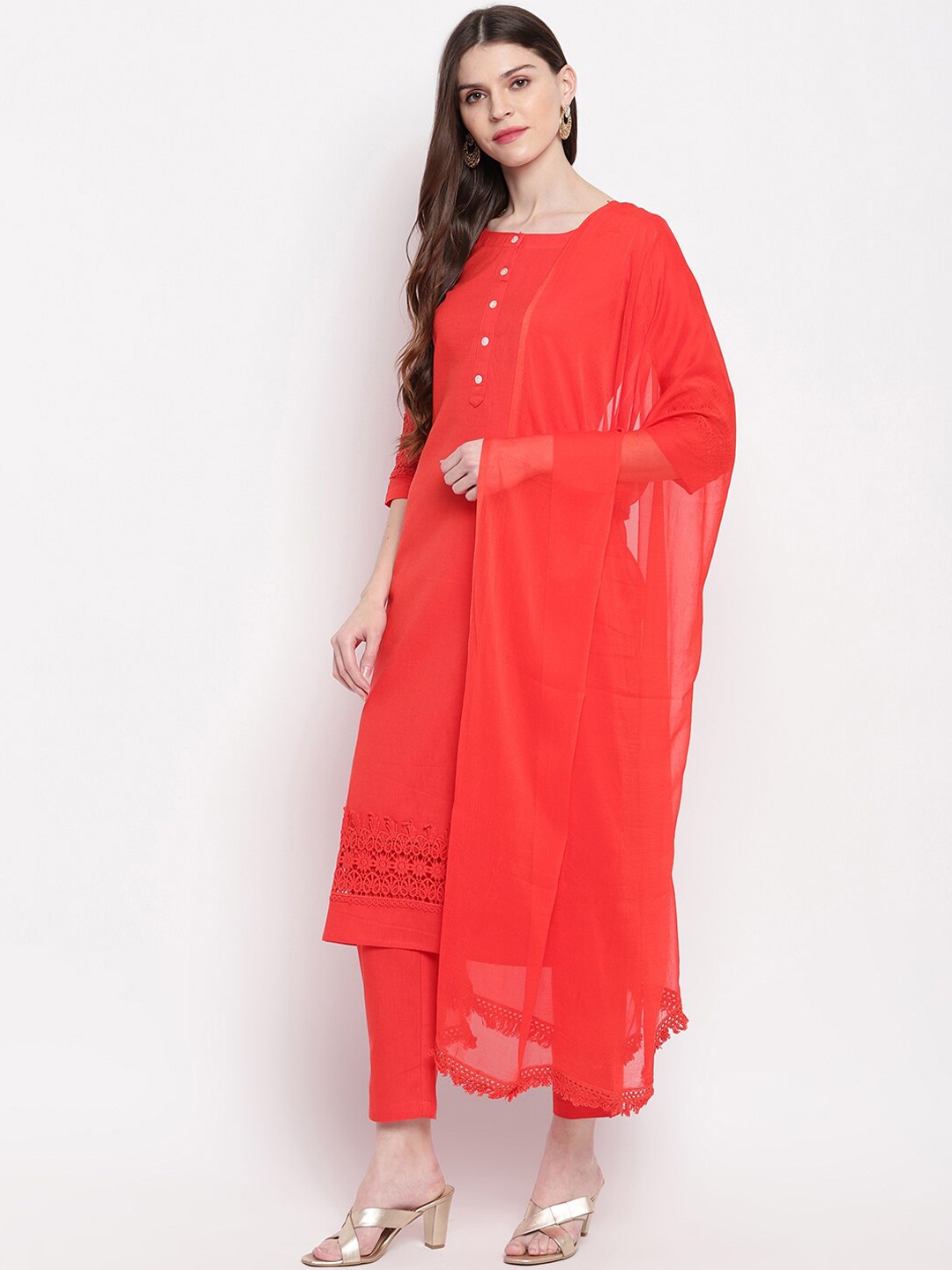 

Janasya Women Red Solid Kurta with Trousers & Dupatta