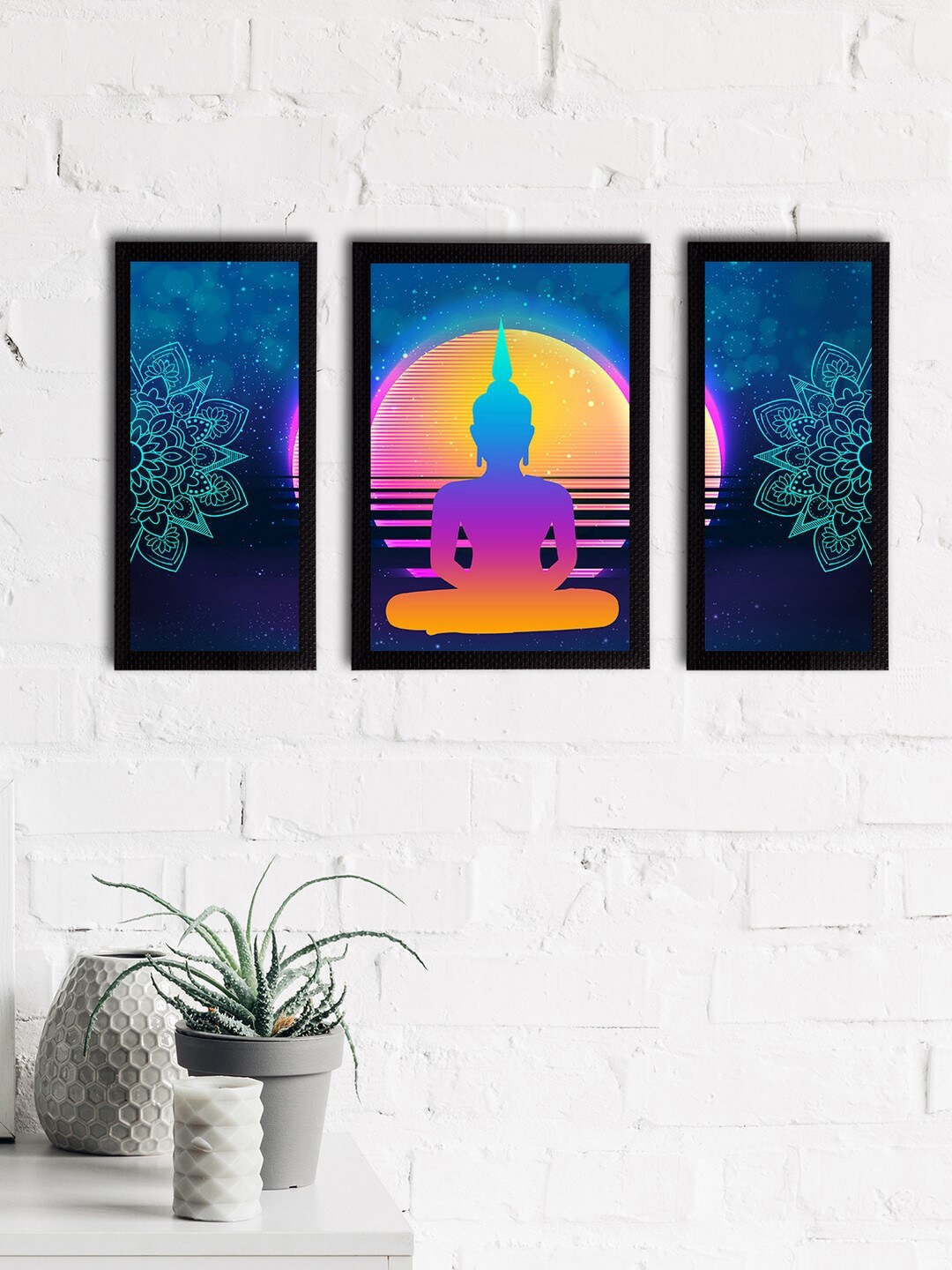 eCraftIndia Set of 3 Blue & Orange Meditating Lord Buddha Satin Matt Textured UV Wall Paintings