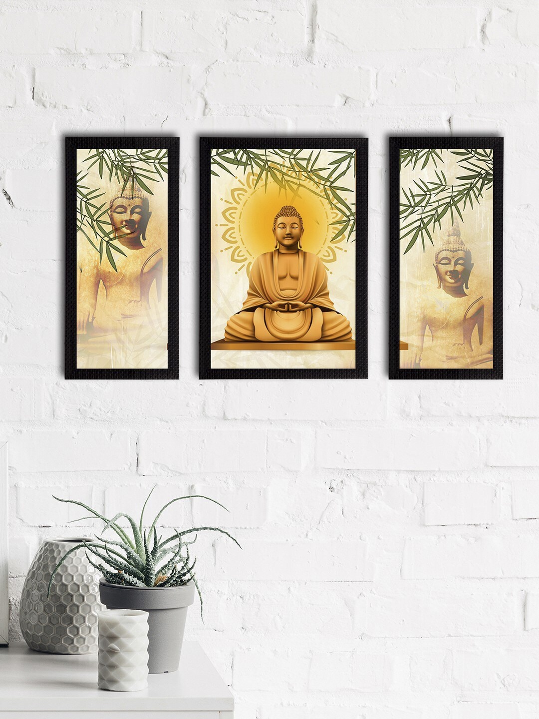 

eCraftIndia Set of 3 Yellow & Beige Meditating Lord Buddha Satin Matt Textured UV Wall Paintings
