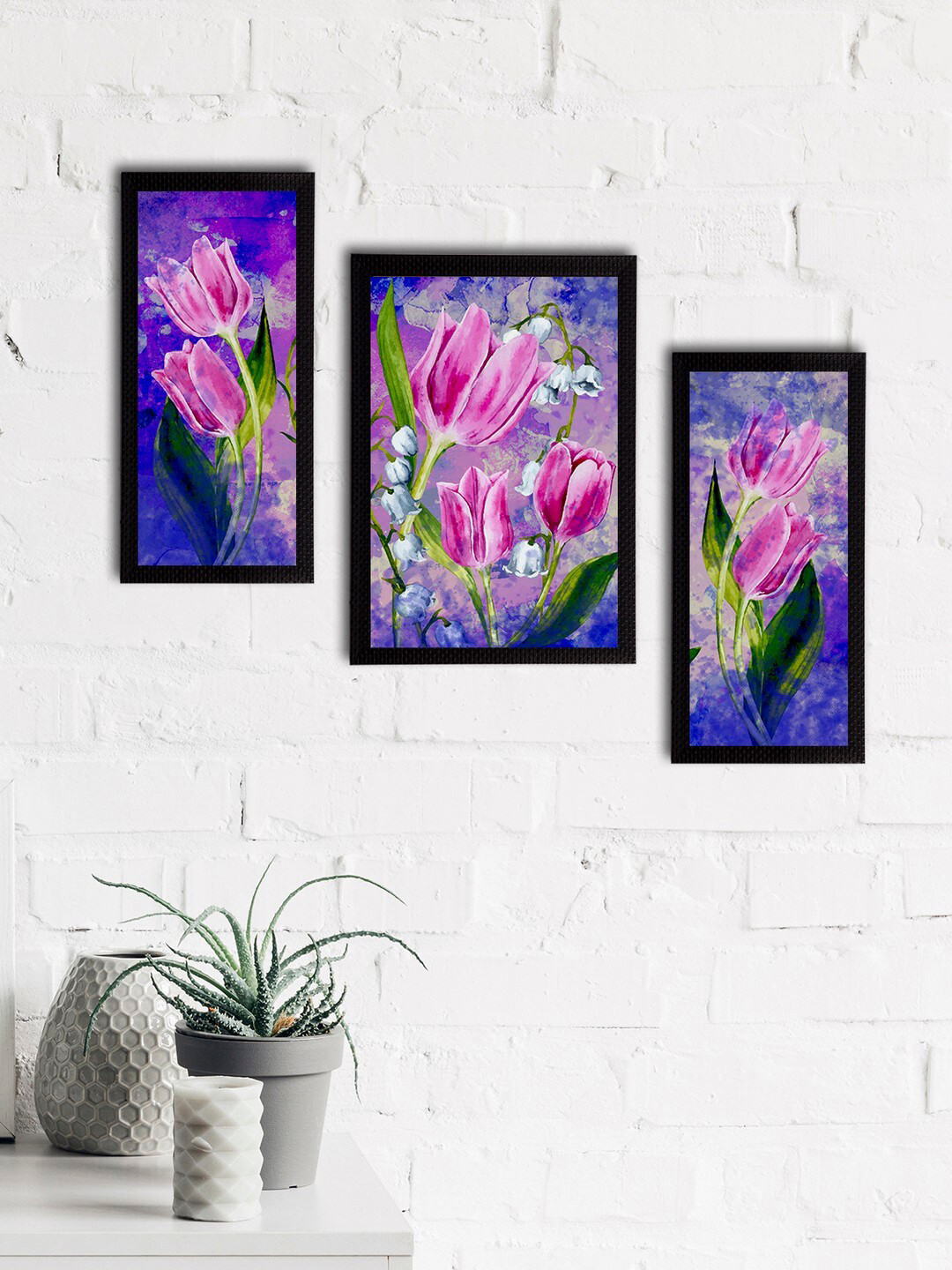 

eCraftIndia Set of 3 Blue & Purple Botanical & Floral Satin Matt Textured UV Wall Paintings