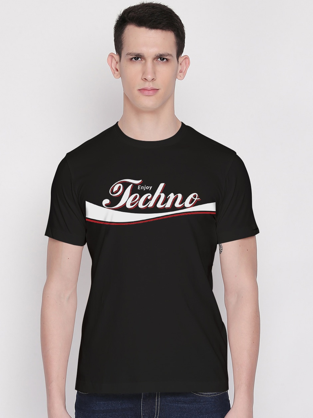 

THREADCURRY Men Black Printed Round Neck T-shirt