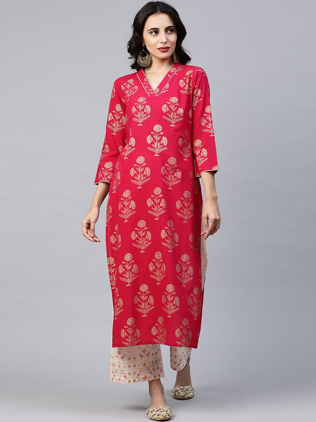 

Indo Era Women Pink & Off-White Printed Kurta with Palazzos