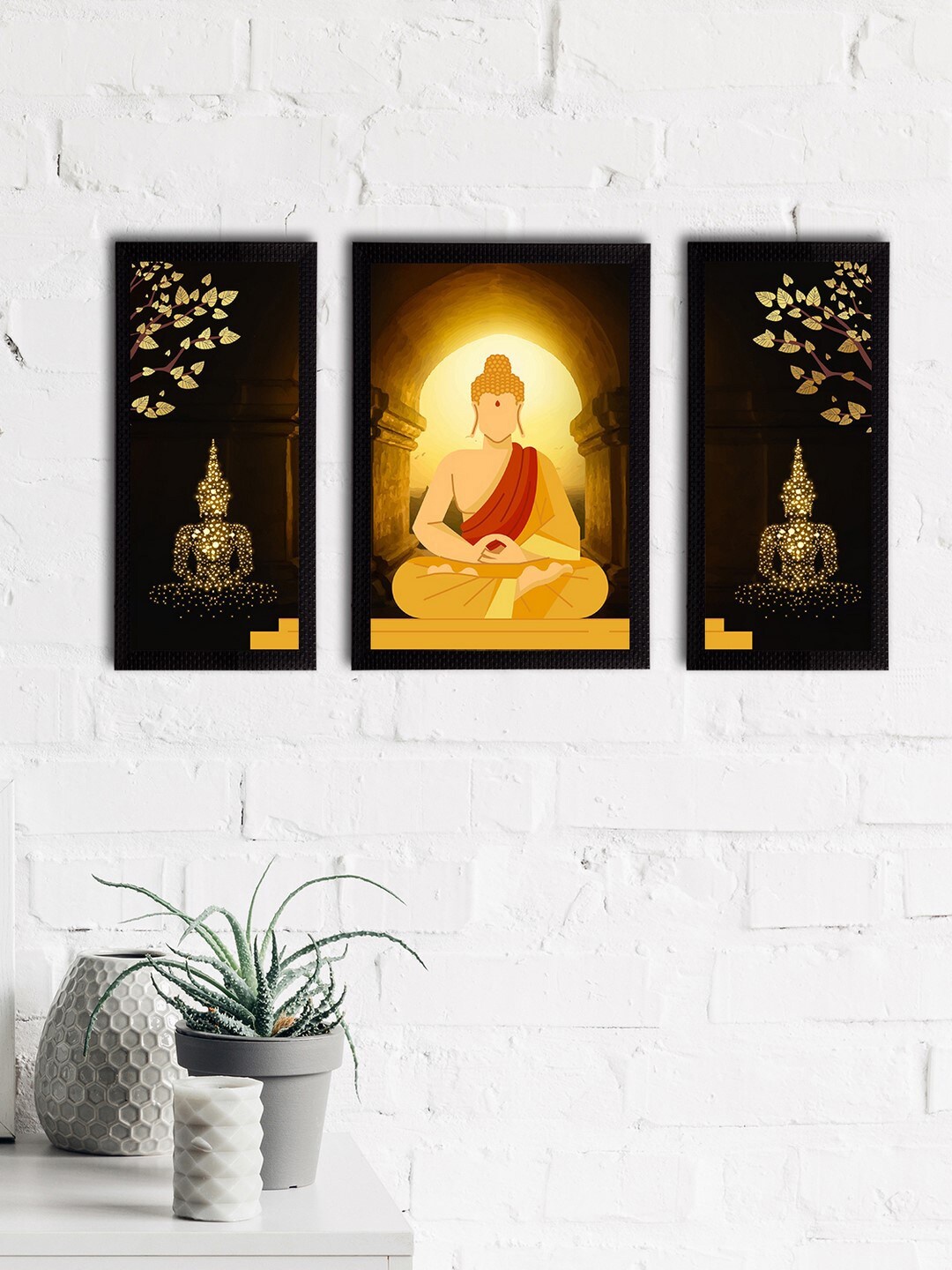 

eCraftIndia Set of 3 Black Meditating Lord Buddha Satin Matt Texture UV Wall Arts