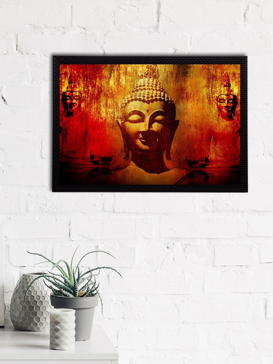 eCraftIndia Red & Yellow Meditating Lord Buddha Satin Matt Texture UV Art Painting