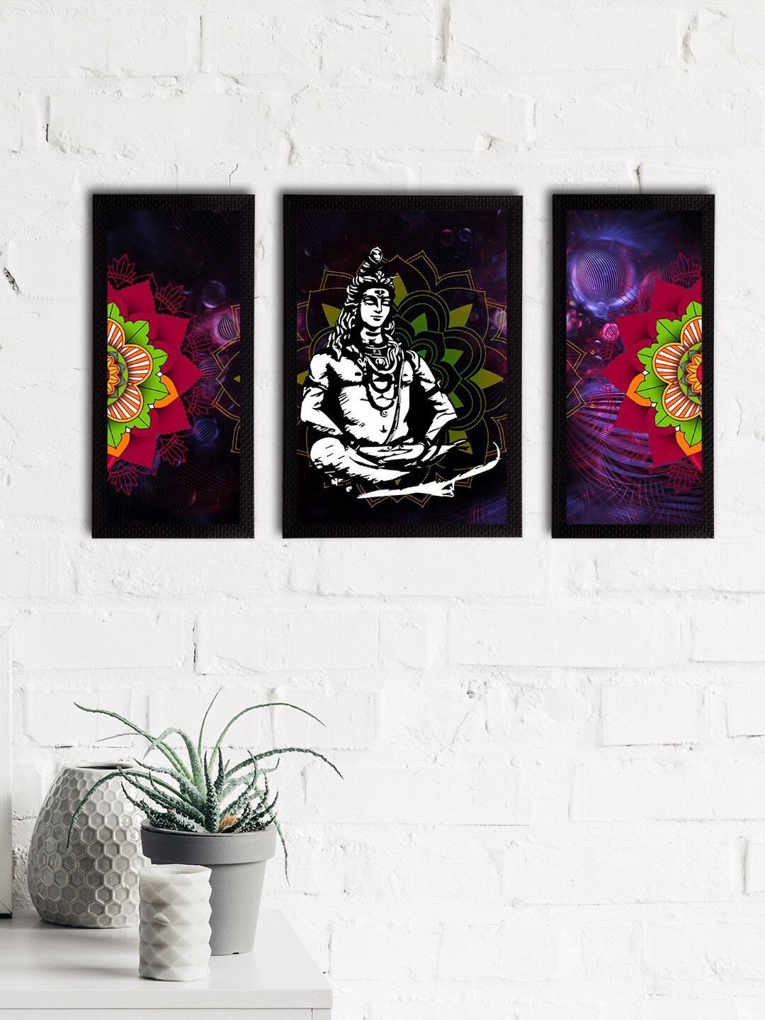 

eCraftIndia Set of 3 Black & White Lord Shiva Satin Matt Textured UV Wall Paintings