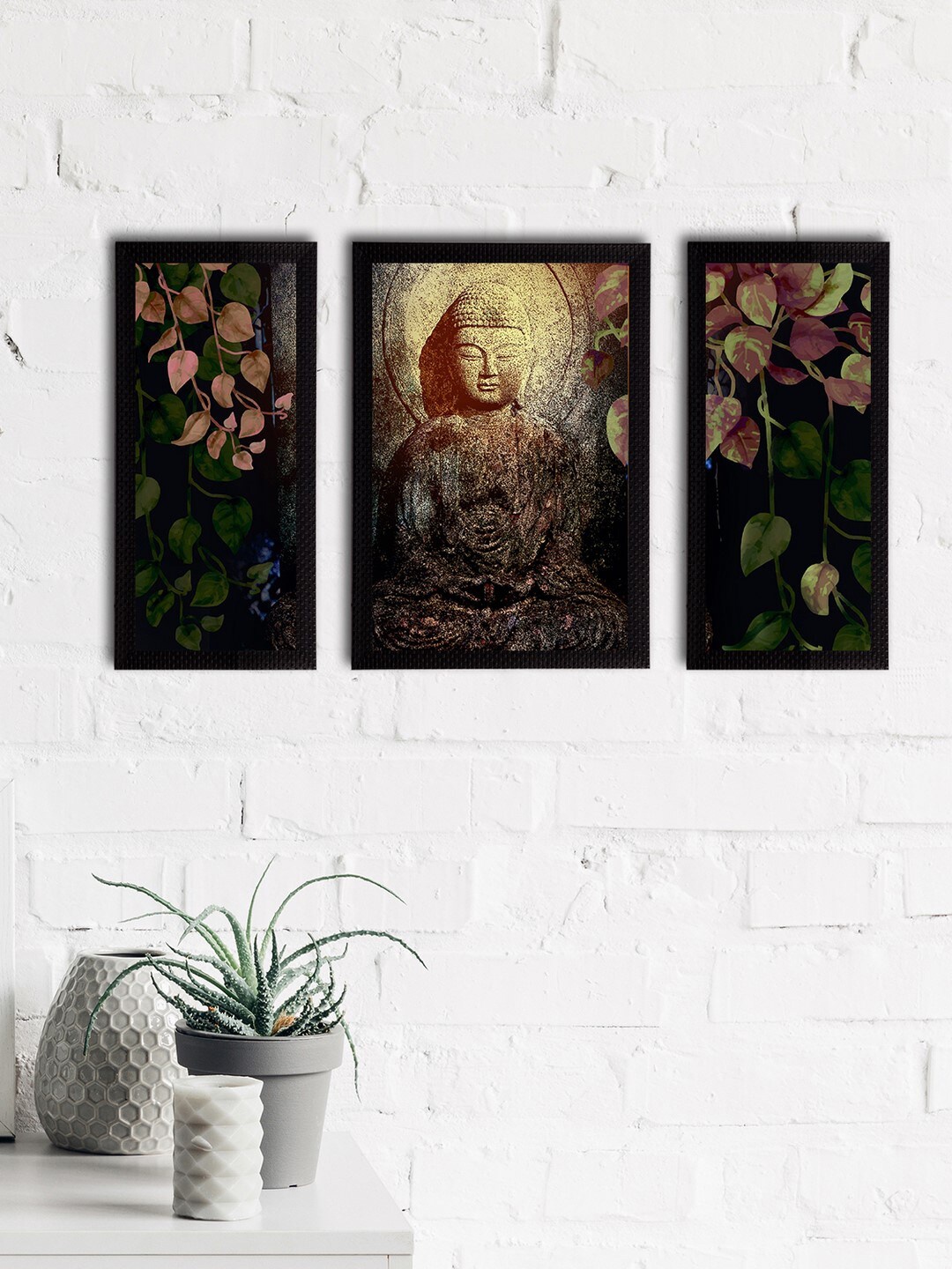 

eCraftIndia Set of 3 Black & Beige Meditating Lord Buddha Satin Matt Textured UV Wall Paintings