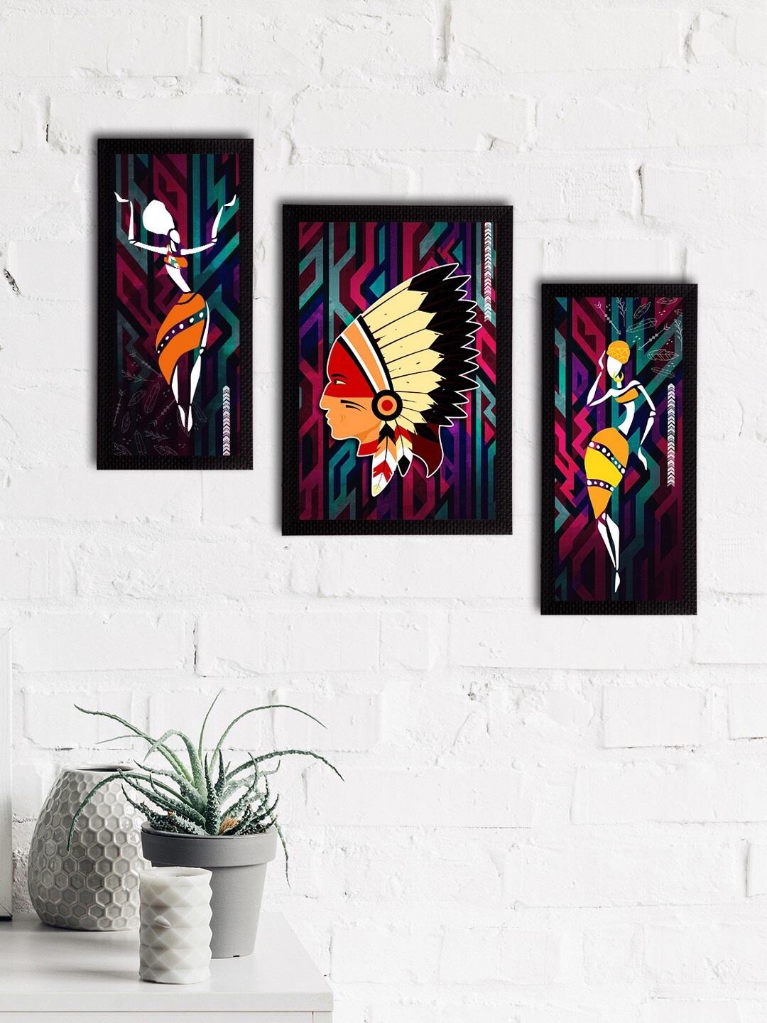 

eCraftIndia Set of 3 Pink & Orange Tribal Theme Satin Matt Textured UV Art Painting