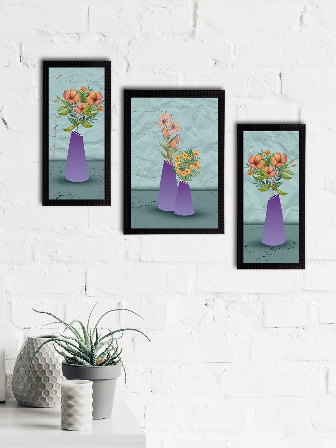 

eCraftIndia Set of 3 Blue & Purple Botanical & Floral Satin Matt Textured UV Wall Paintings