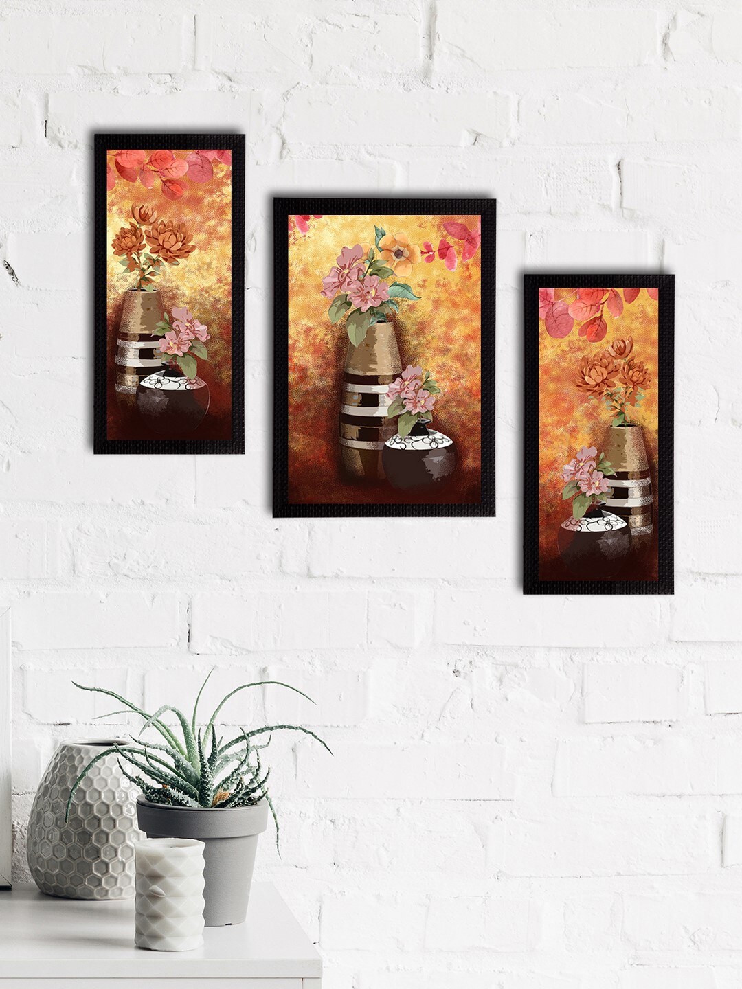 

eCraftIndia Set of 3 Cream-Coloured & Brown Botanical & Floral Satin Matt Textured UV Wall Paintings