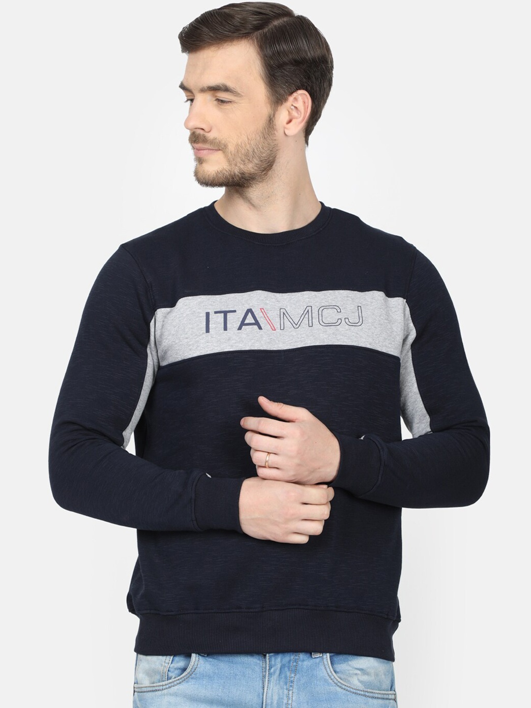 Monte Carlo Men Navy Blue & Grey Printed Sweatshirt