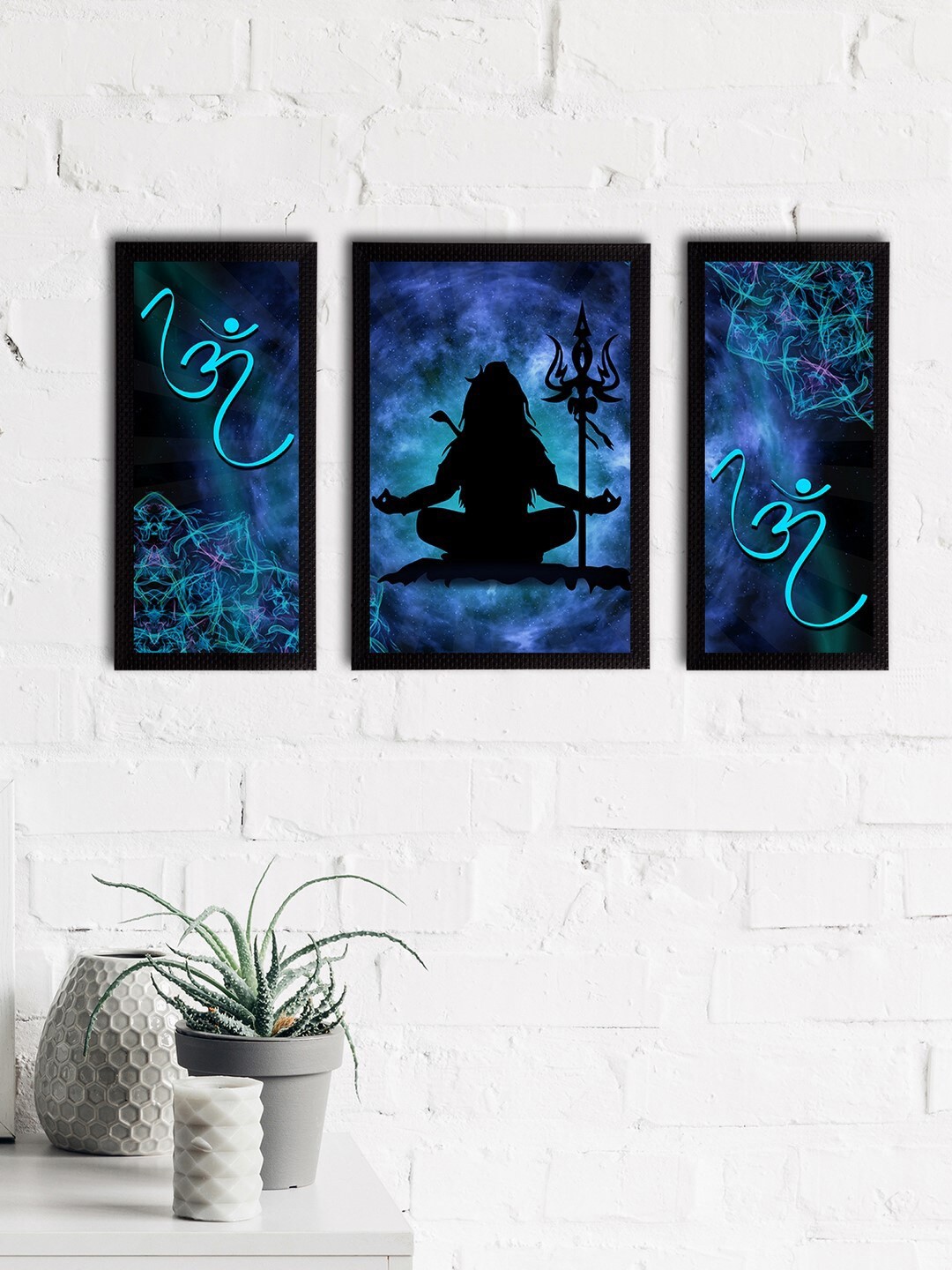 

eCraftIndia Set Of 3 Blue & Black Lord Shiva Satin Matt Textured UV Art Painting