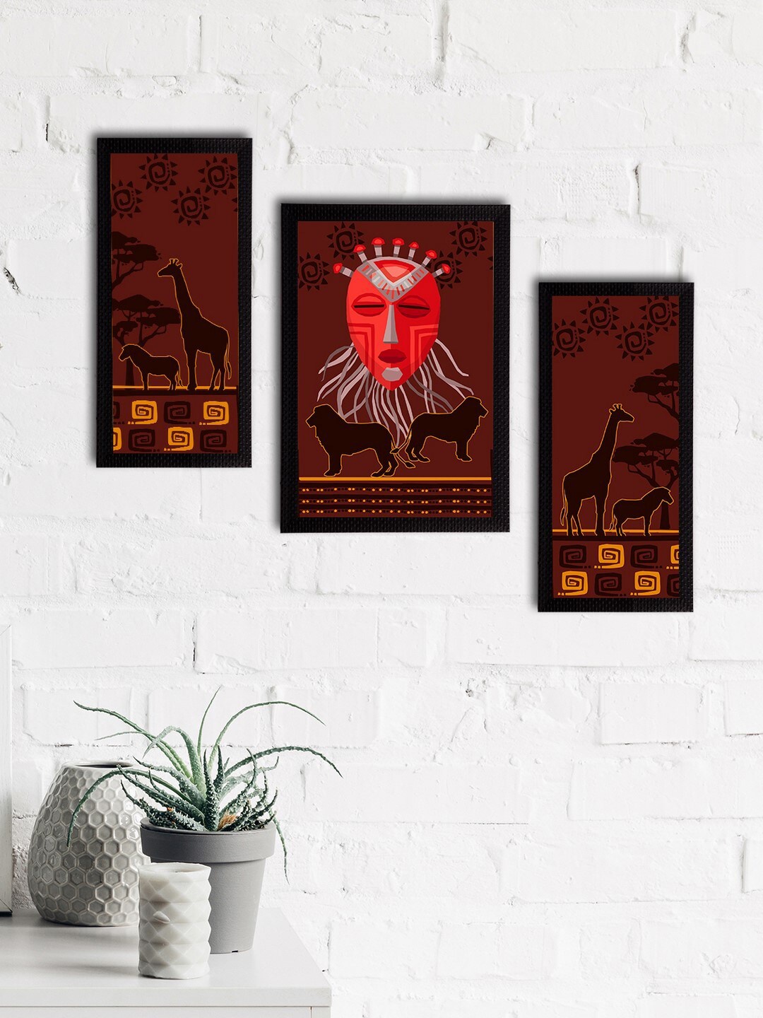 

eCraftIndia Set of 3 Maroon & Yellow Tribal Theme Satin Matt Textured UV Art Paintings