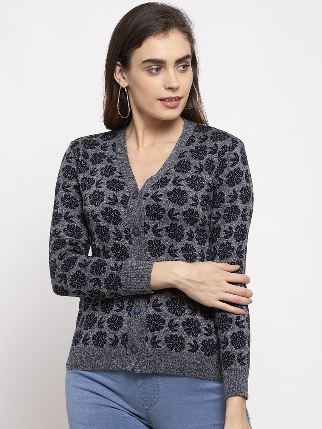 

Kalt Women Grey & Black Printed Cardigan