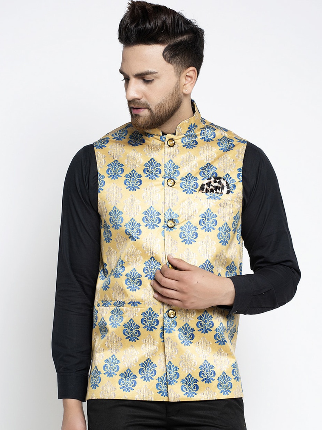 

Jompers Men Gold-Coloured & Blue Printed Woven Nehru Jacket