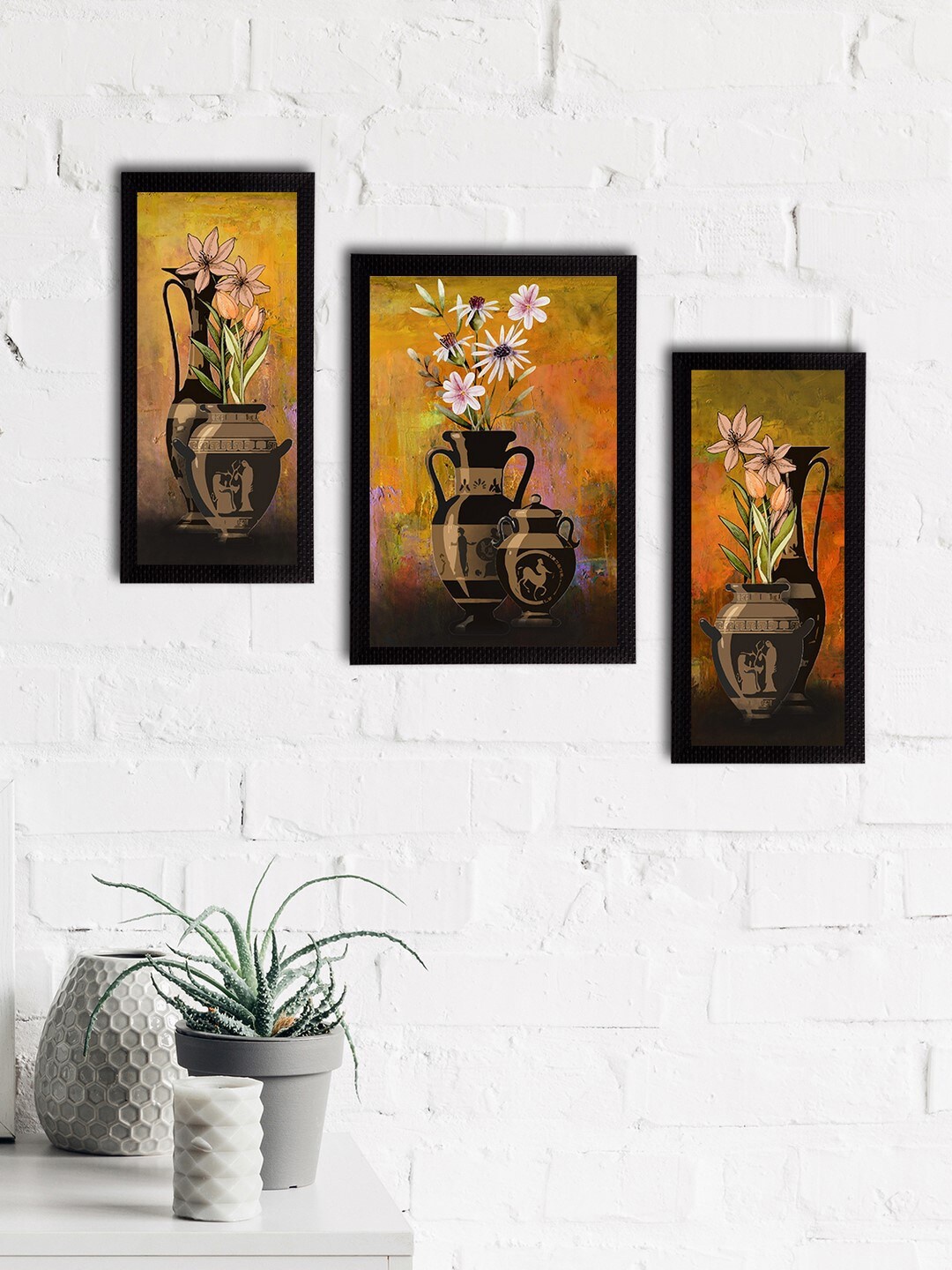 

eCraftIndia Set of 3 Green & Beige Botanical & Floral Satin Matt Textured UV Wall Paintings