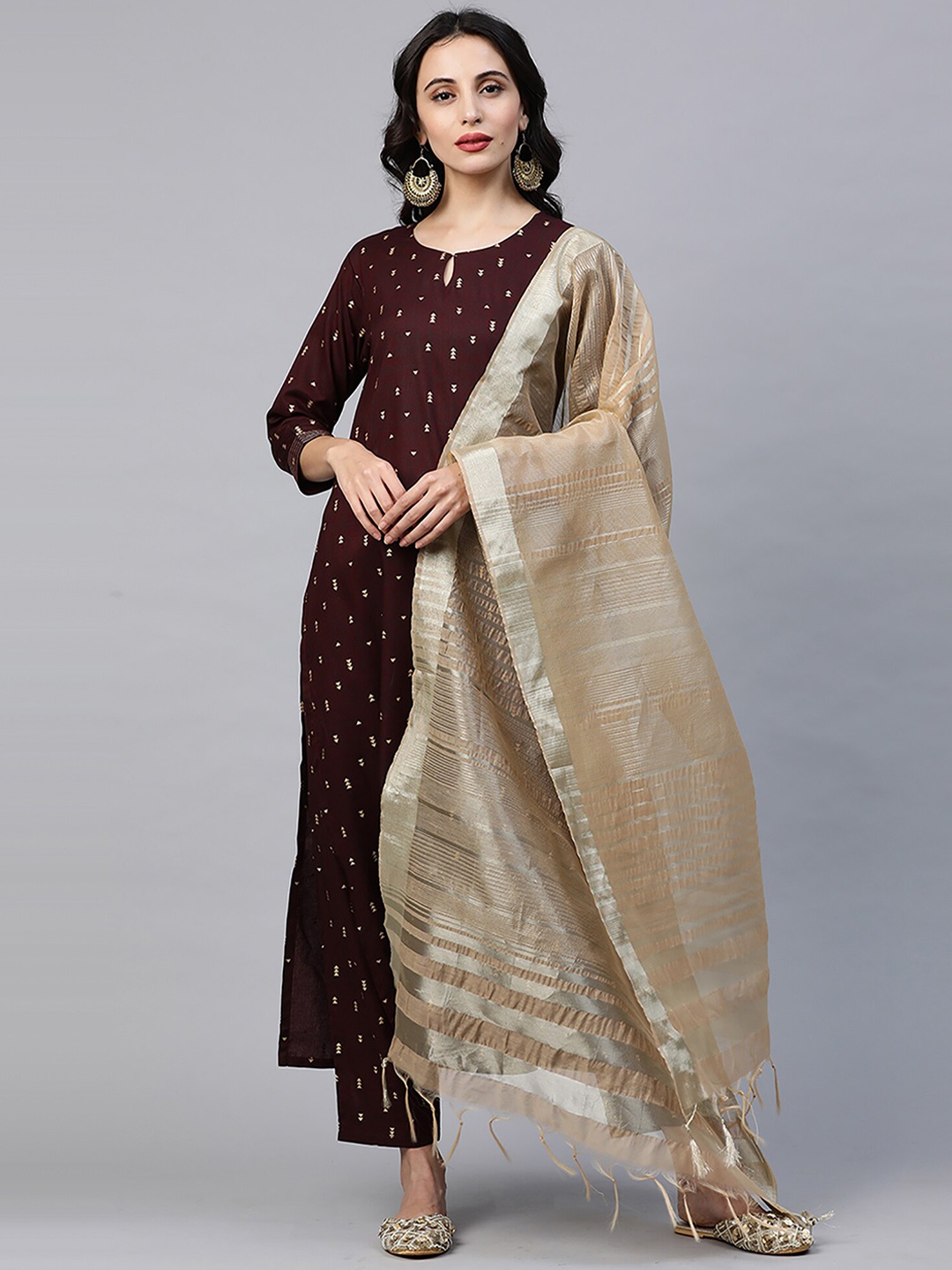 

Indo Era Women Maroon & Beige Printed Kurta with Trousers & Dupatta