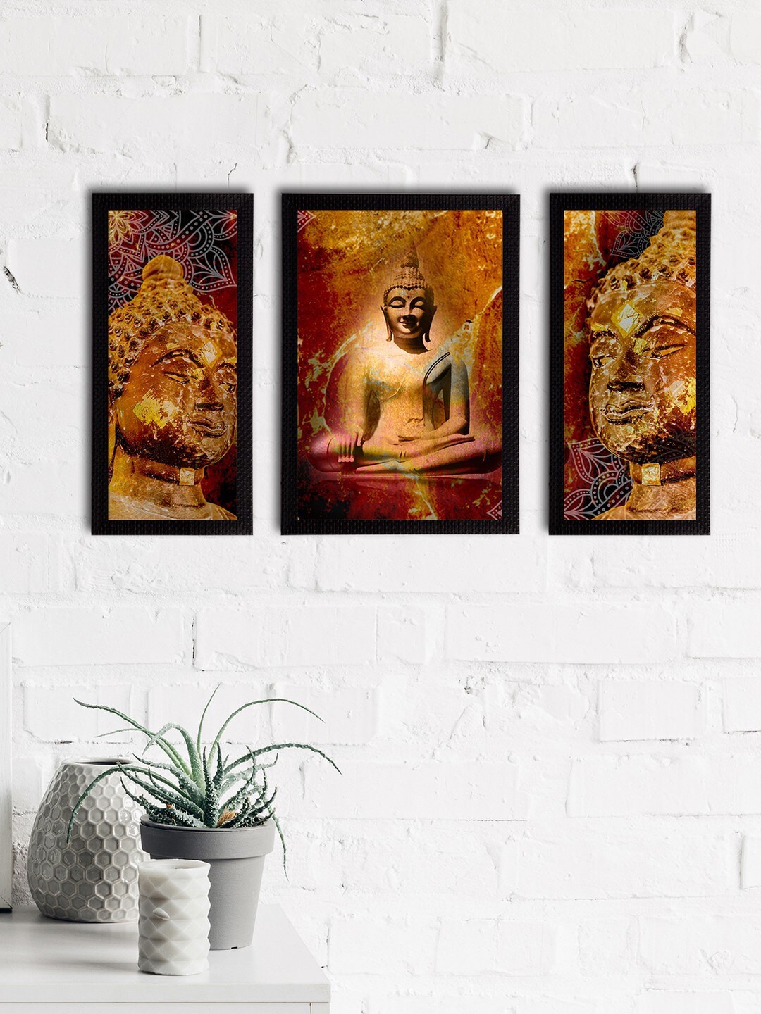 

eCraftIndia Set of 3 Brown & Maroon Meditating Lord Buddha Satin Matt Textured UV Wall Paintings