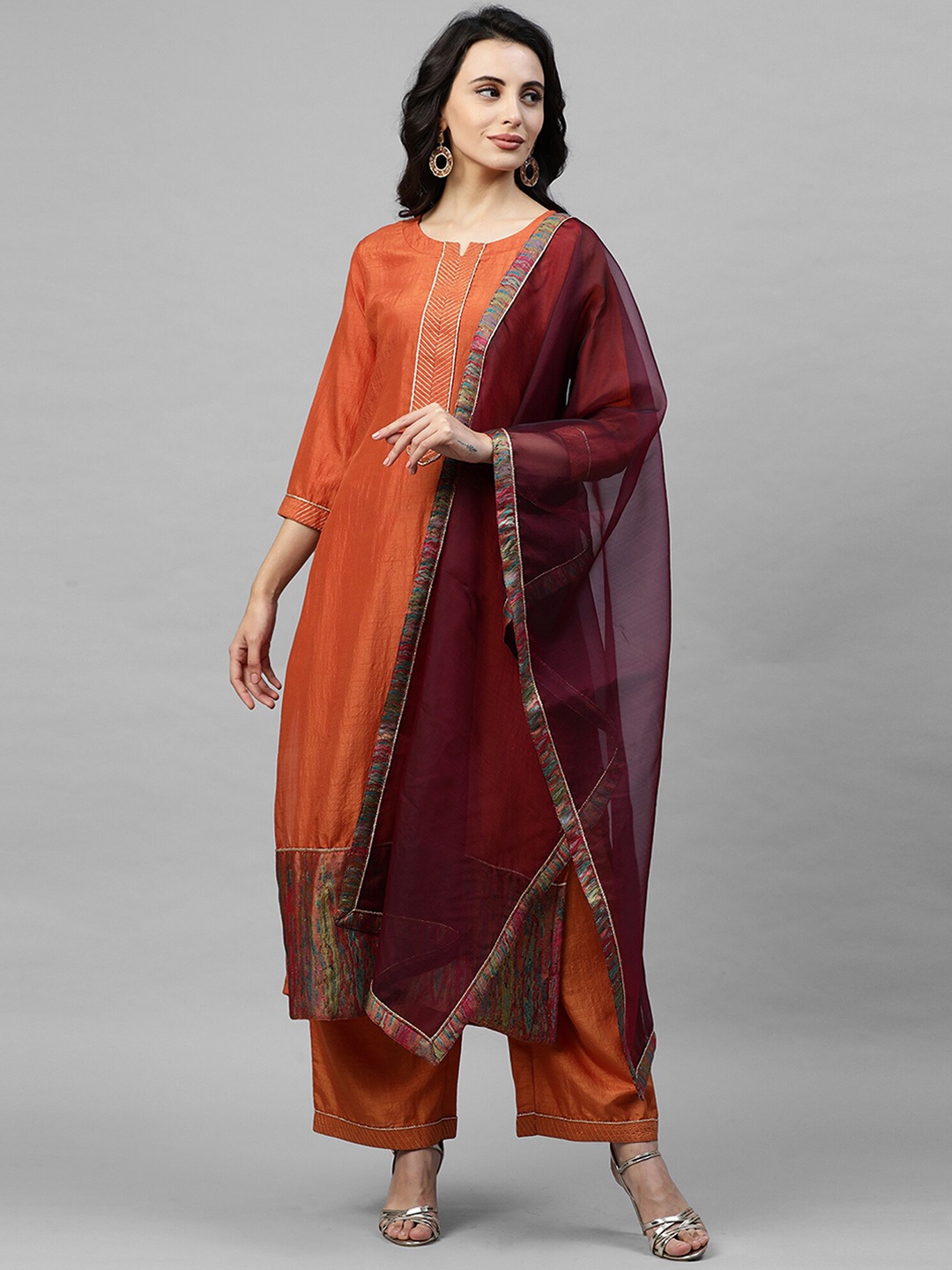 

Indo Era Women Orange & Maroon Solid Kurta with Palazzos & Dupatta