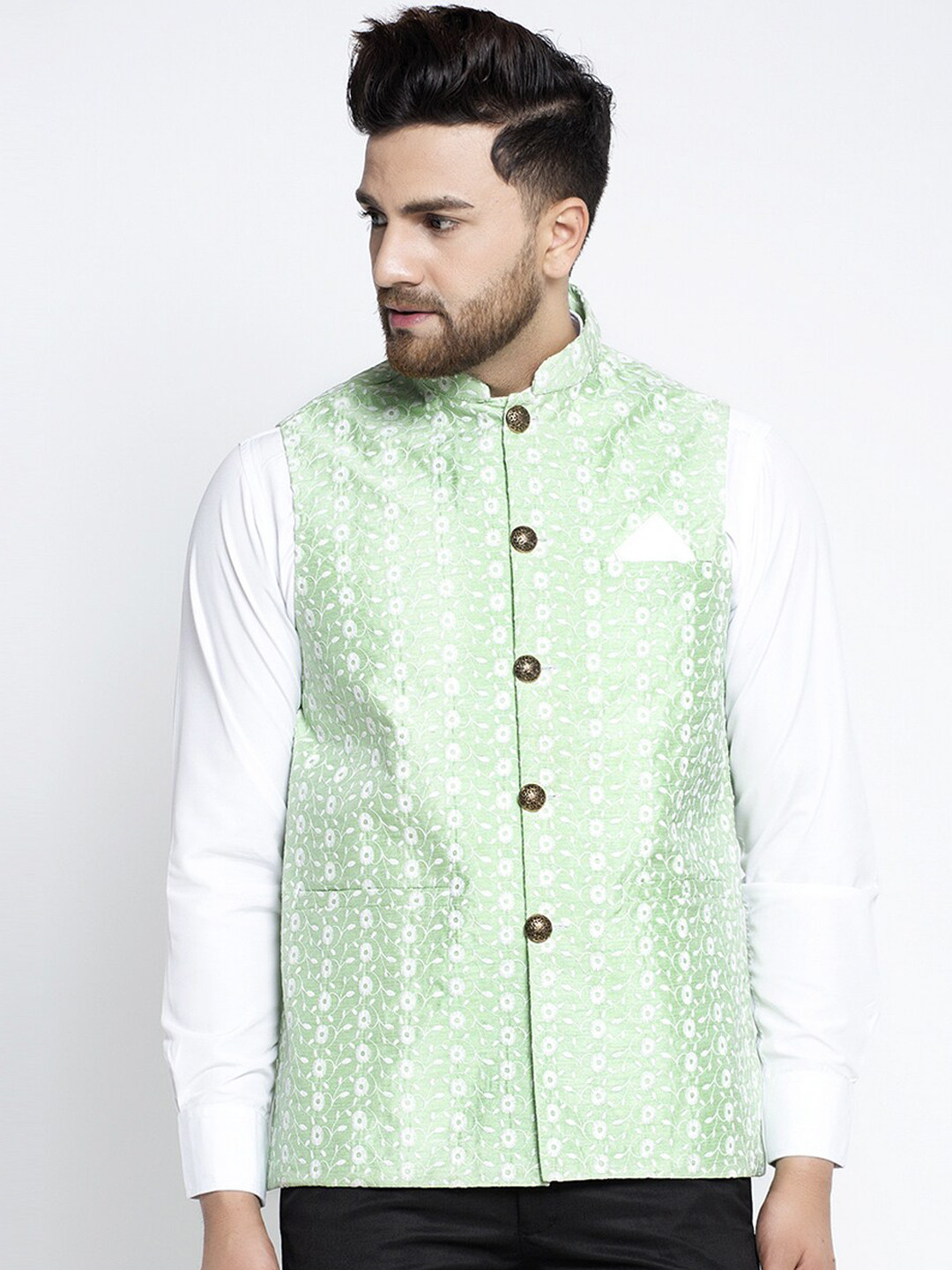 

Jompers Men Green & White Embroidered Nehru Jacket