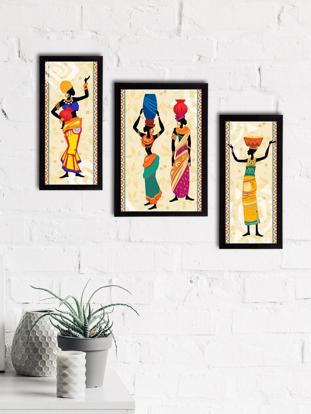 

eCraftIndia Set of 3 Cream-Coloured & Black Tribal Theme Satin Matt Textured UV Wall Paintings