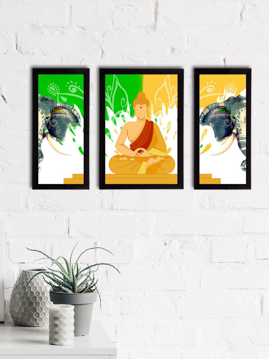 

eCraftIndia Set Of 3 Orange & Green Meditating Lord Buddha Satin Matt Textured UV Art Painting