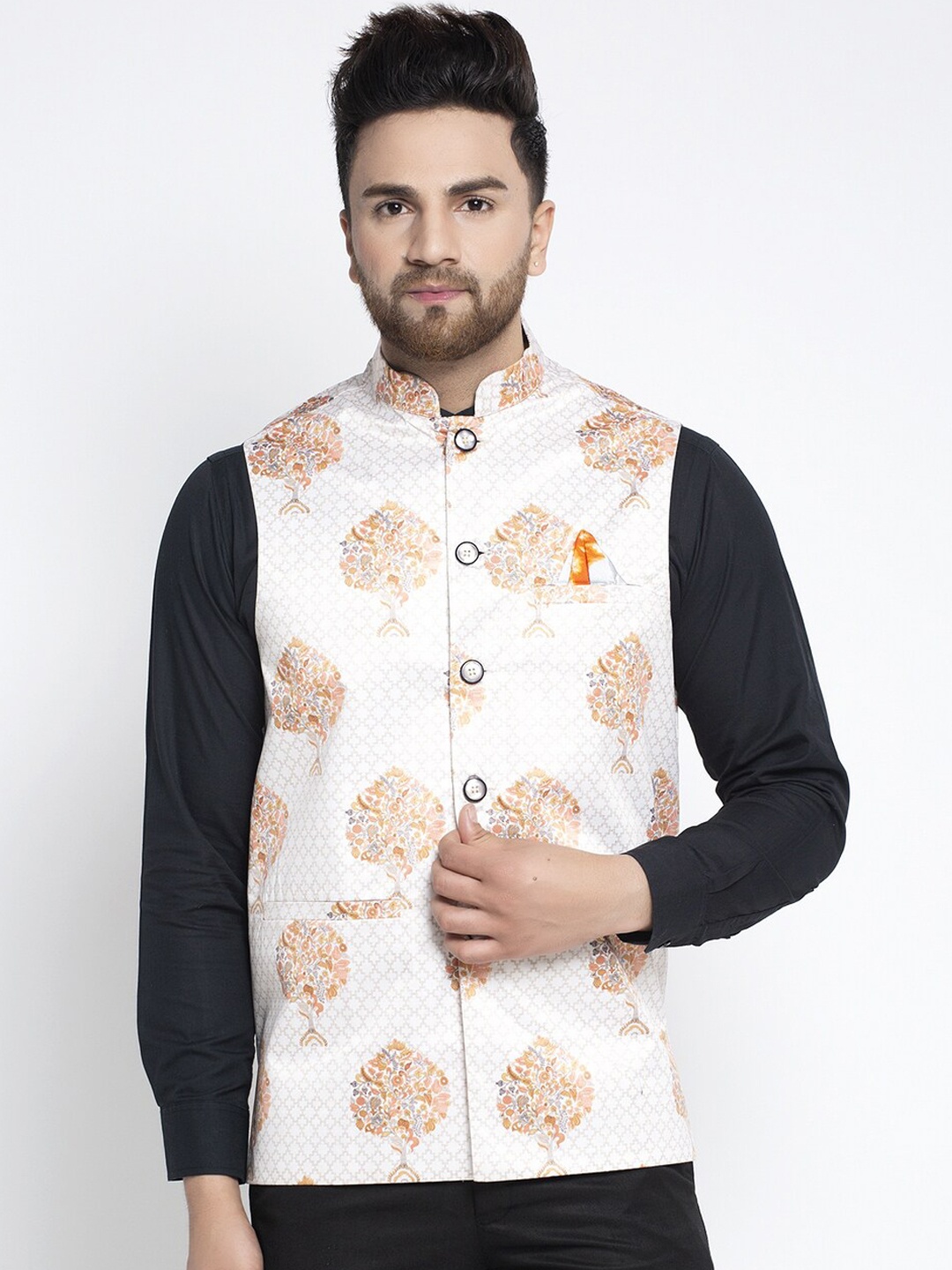 

Jompers Men White & Orange Digital Printed Nehru Jacket