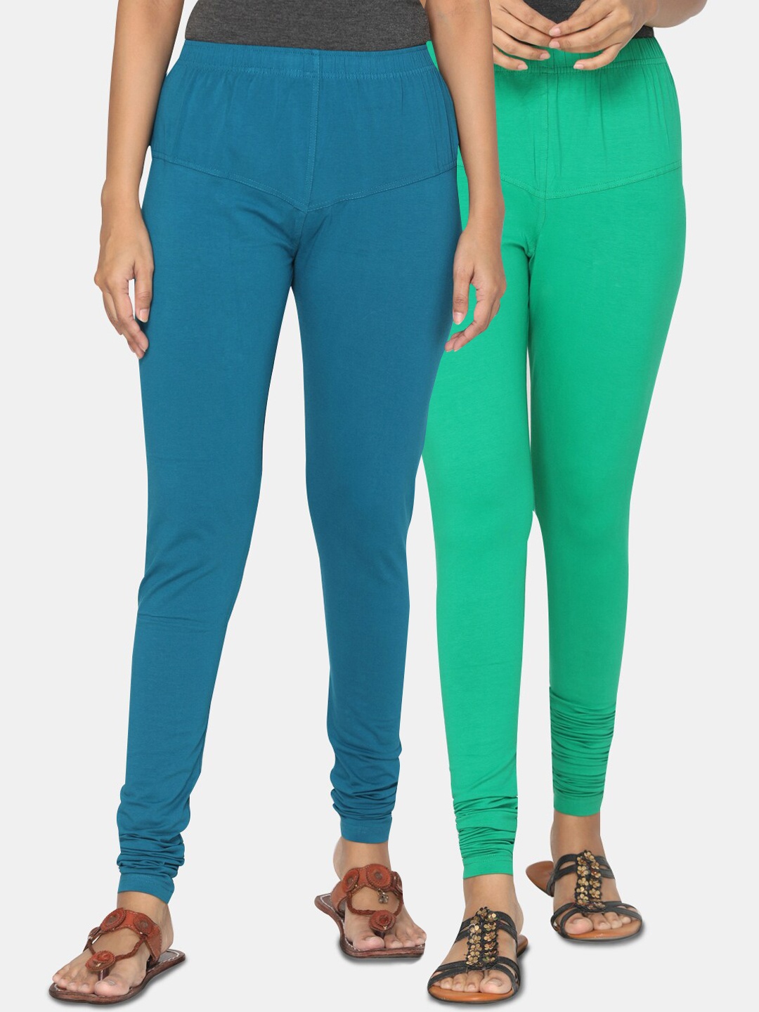 

TSG Bliss Women Pack of 2 Solid Churidar Leggings, Teal