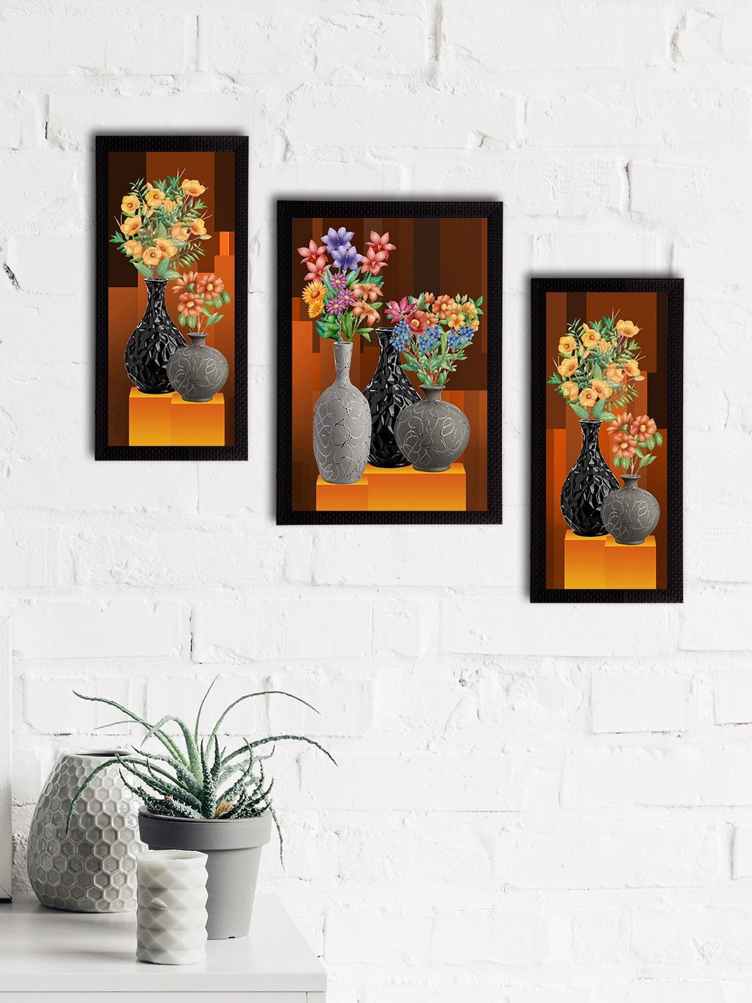 

eCraftIndia Set of 3 Brown & Grey Botanical & Floral Satin Matt Textured UV Wall Paintings