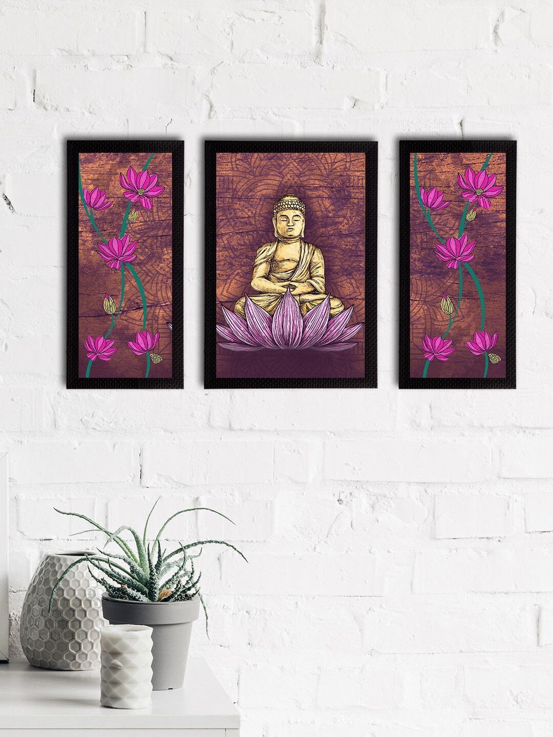 

eCraftIndia Set of 3 Multicoloured Satin Matt Texture Lord Buddha UV Wall Art, Multi