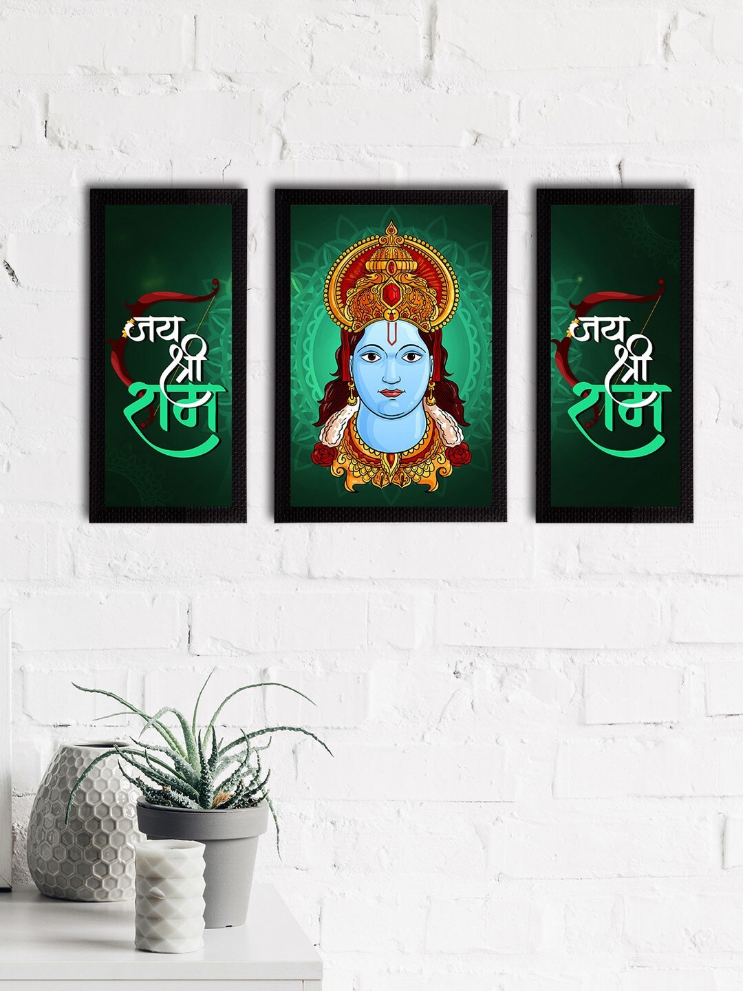 

eCraftIndia Set of 3 Lord Ram Satin Matt Textured UV Wall Art, Green