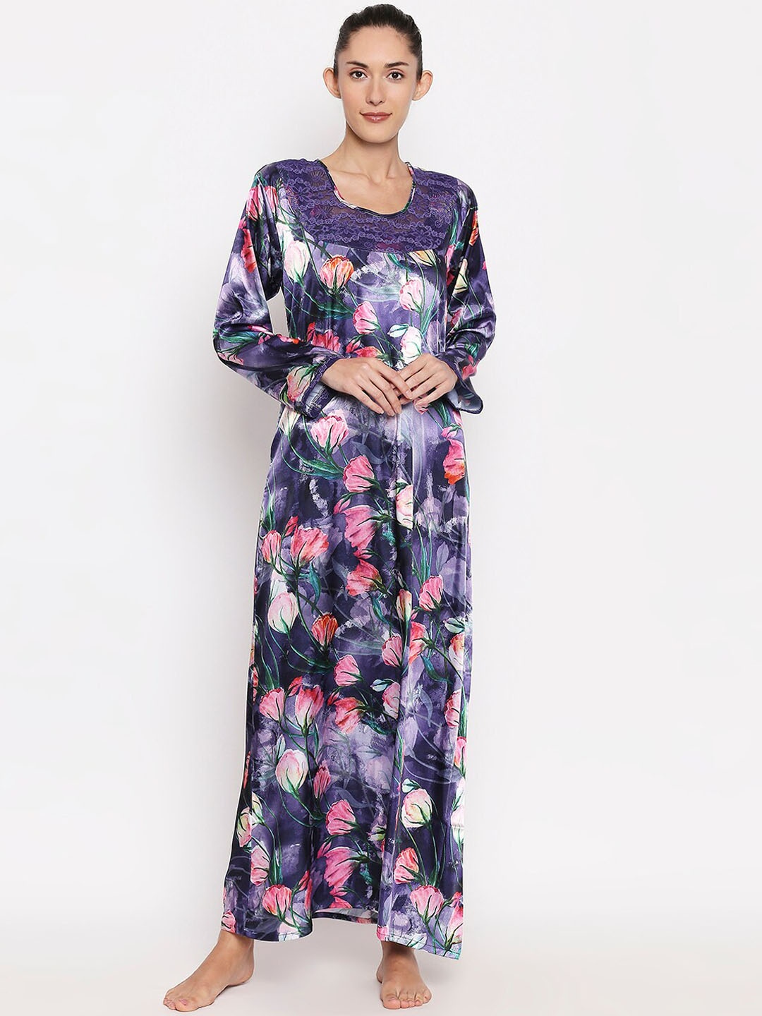 

XIN Women Purple & Pink Printed Maxi Nightdress