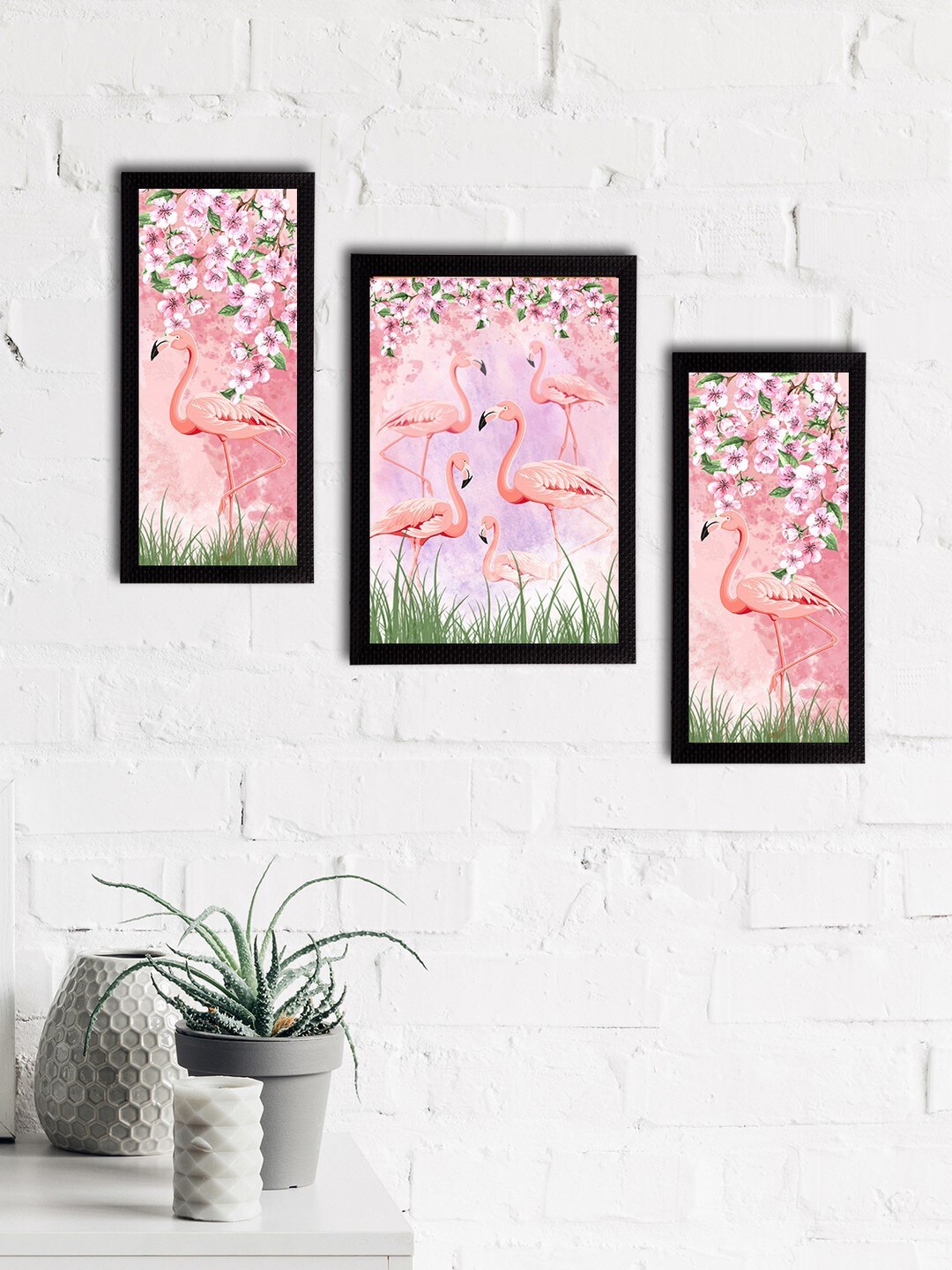 

eCraftIndia Set of 3 Pink & Green Flamingo and Floral Satin Matt Textured UV Wall Paintings