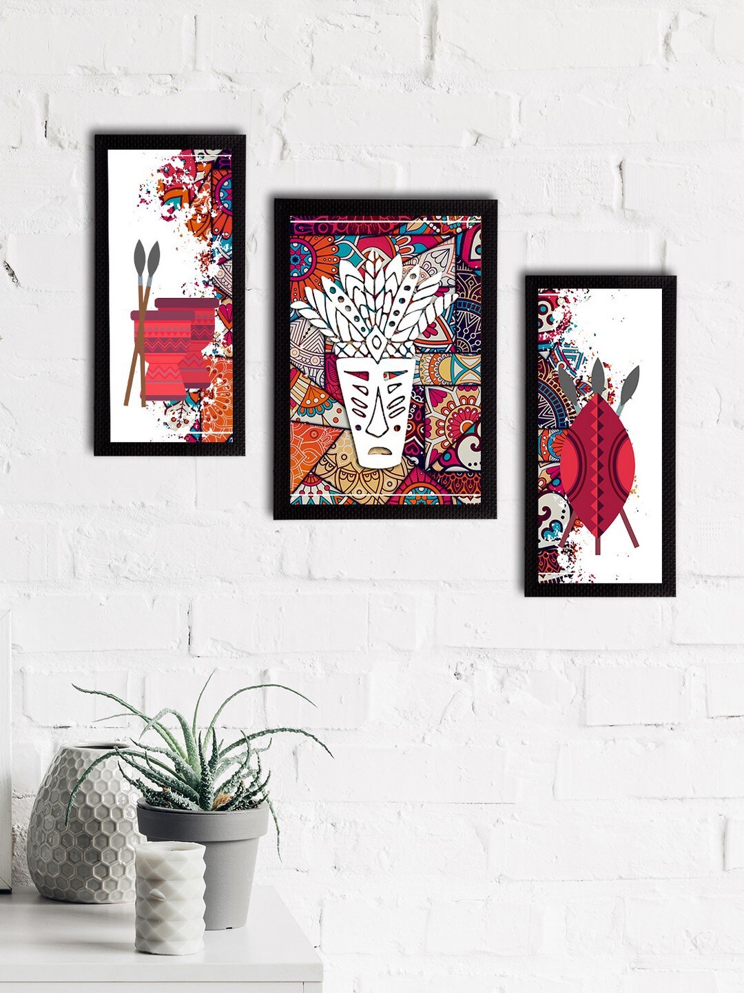 eCraftIndia Set of 3 White & Pink Tribal Theme Satin Matt Textured UV Art Paintings