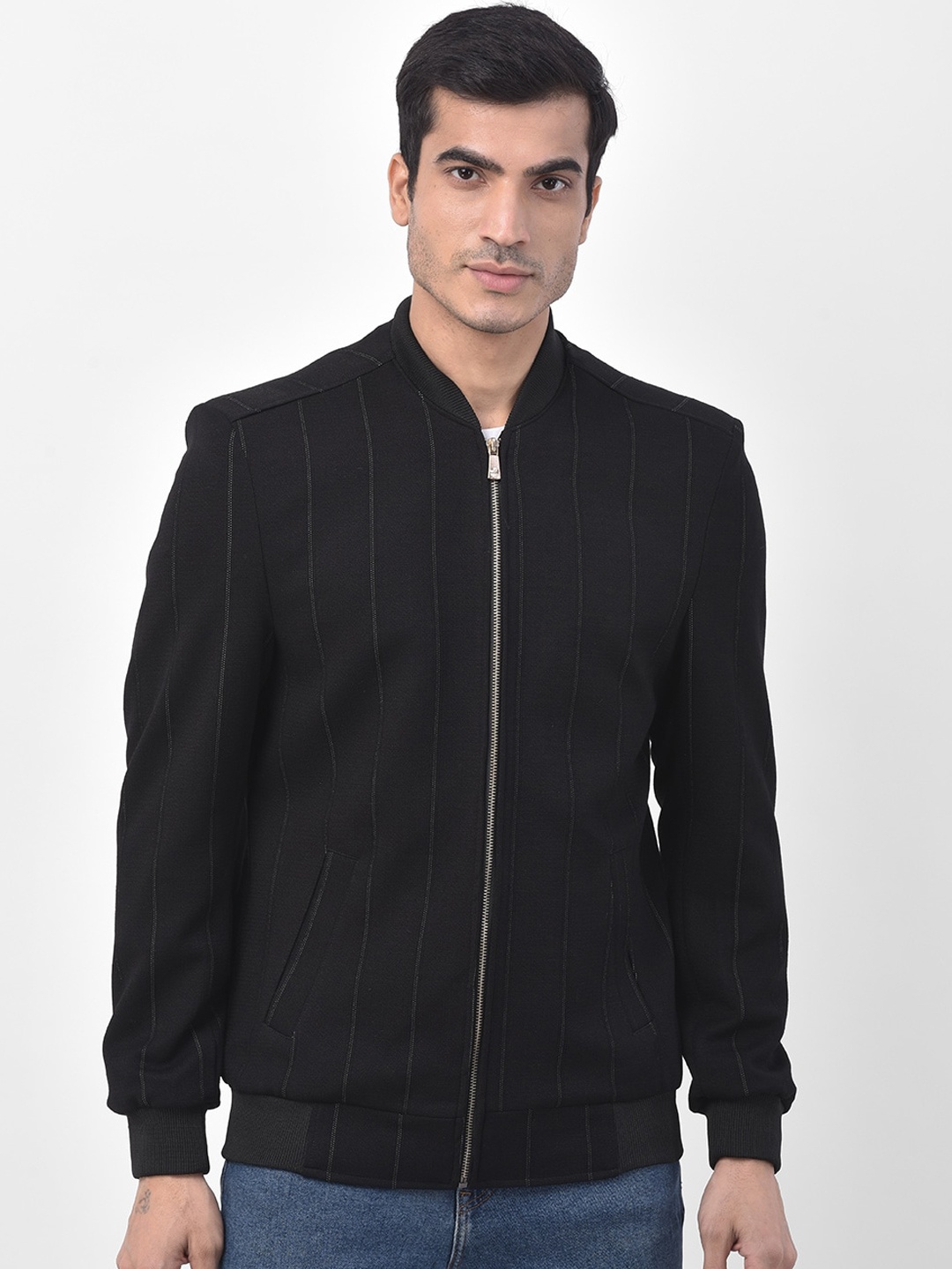 

LUXURAZI Men Black Striped Bomber Jacket