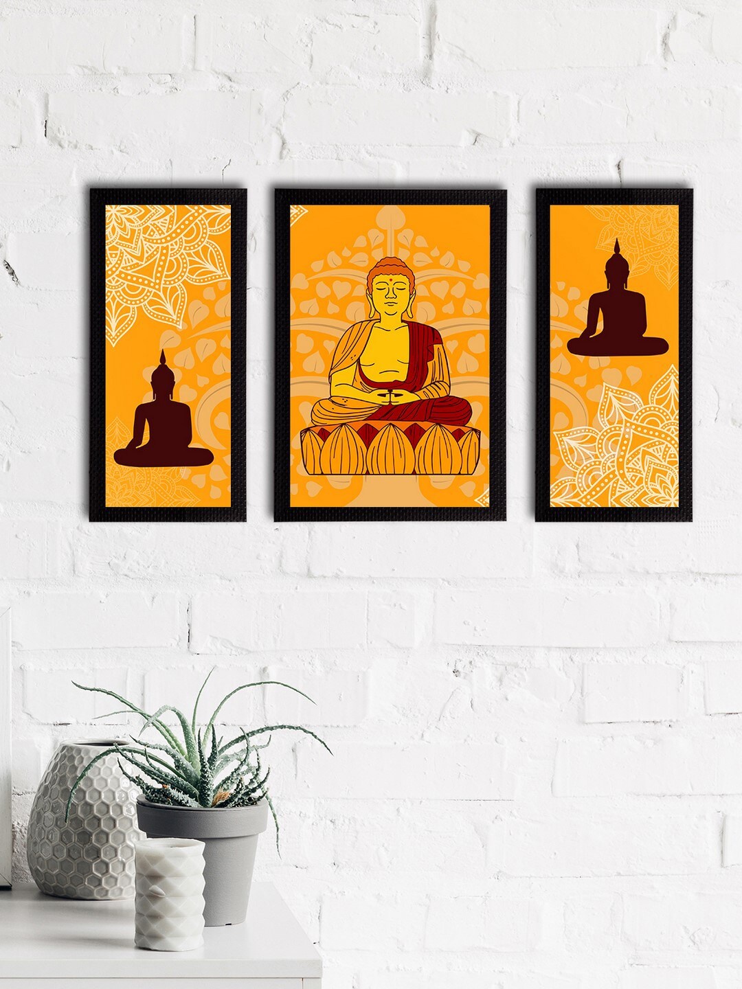 

eCraftIndia Set of 3 Orange & Maroon Meditating Lord Buddha Satin Matt Textured UV Art Paintings